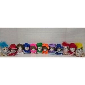 Vintage Porcelain Harlequin Clown Doll Heads - Set of 12 Colorful Jester Faces